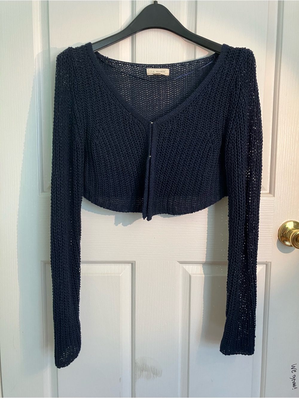 La Hearts Navy Cropped Open-Weave Cardigan